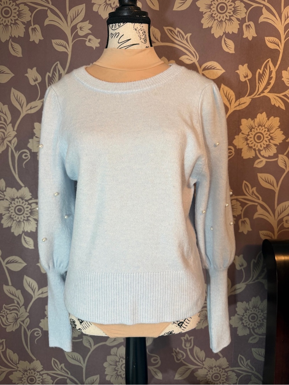 CeCe Light Blue Pearl-Accent Crewneck Sweater - Size Small
